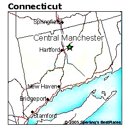 Image of a map of Connecticut focusing on Central Manchester