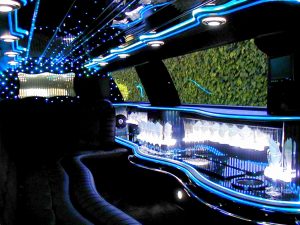 Image of interior of corporate Lincoln Town Car stretch limousine
