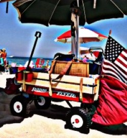 Image of a wagon and American flag at the beach